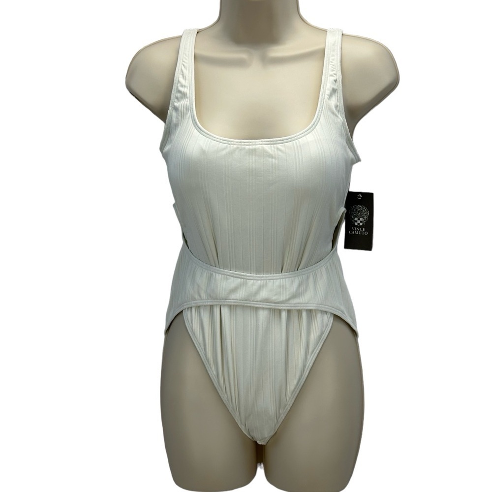 Vince Camuto Stripe Textured High Leg One Piece Tank Swimsuit - Ivory - size 14